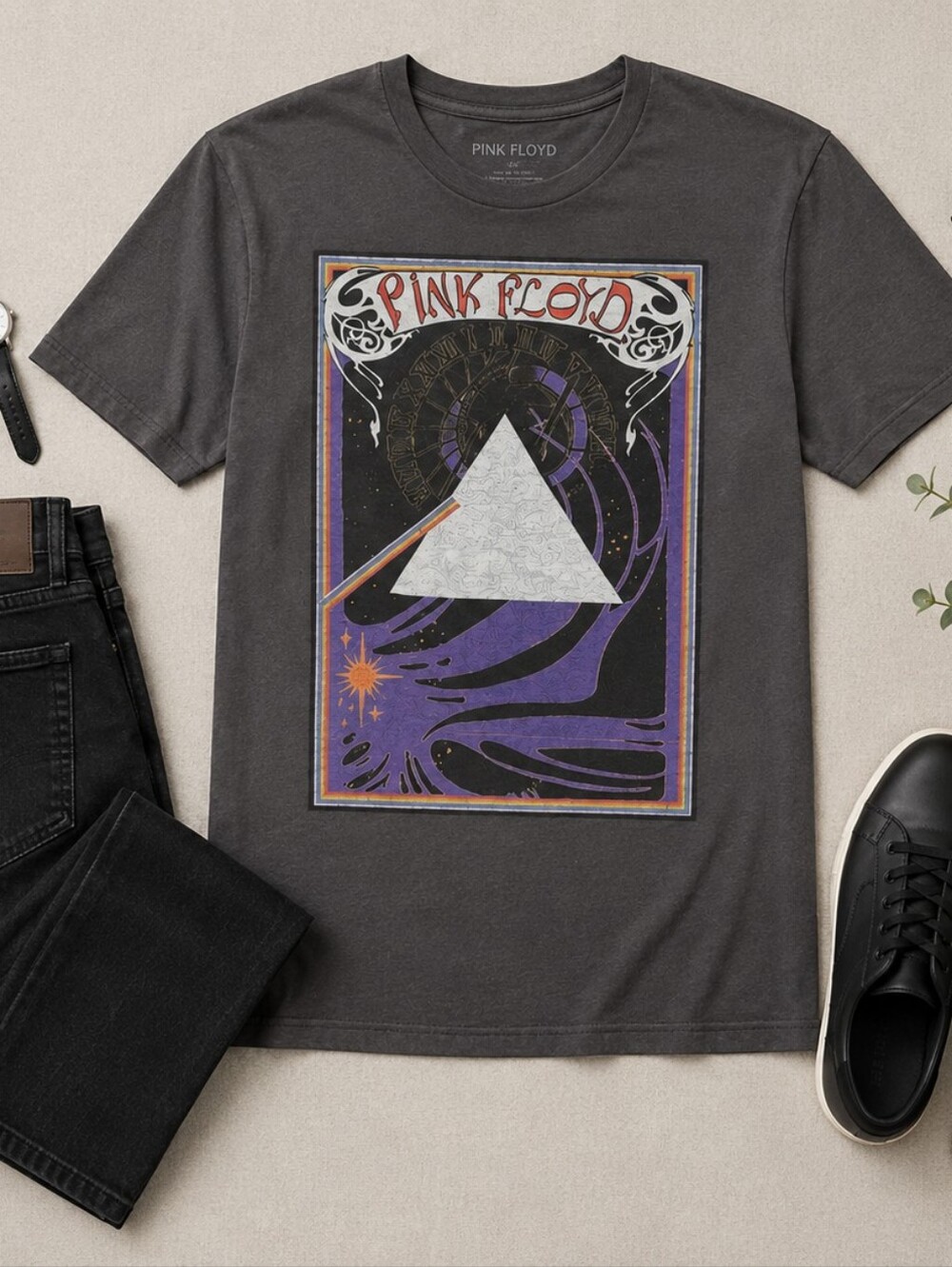 Pink Floyd Prism Graphic Tee Dark Side of the Moon Style Band T-Shirt Gray